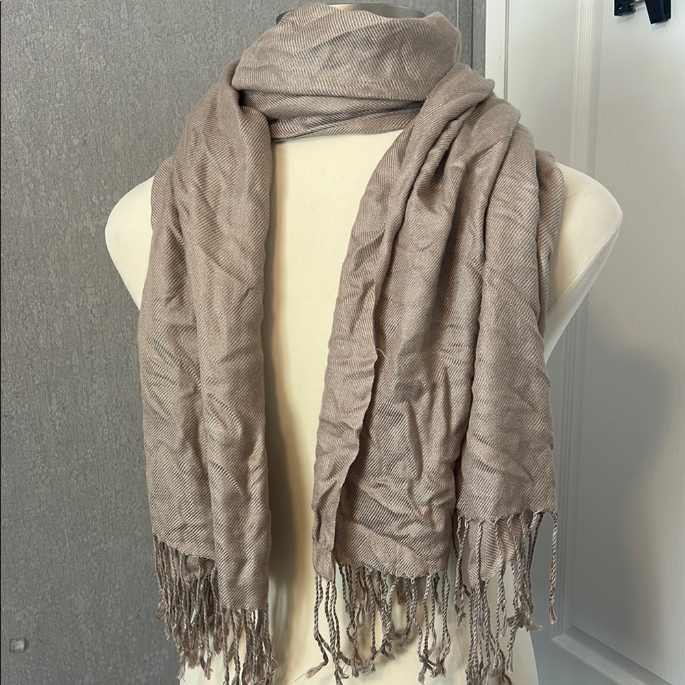 Pashmina Tan Scarf with Fringe Wrap - Picture 3 of 9